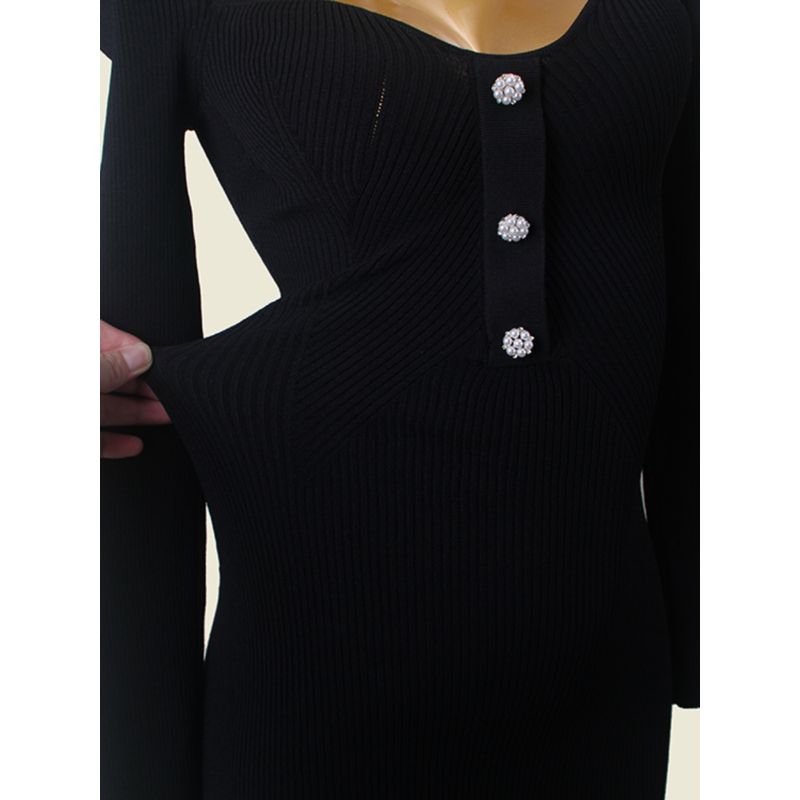 Classy French Sweet Silm Sexy Peach Collar Dress Foreign Trade Original Order Autumn Black Long Sleeves Bodycon Dress