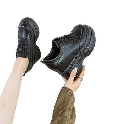 Мода 11СМ Замша Коровья Натуральная Кожа Вулканизация Женские Повседневные Платформа Клин Массивные Кроссовки Весна Осень Контурные Модные Черные Туфли