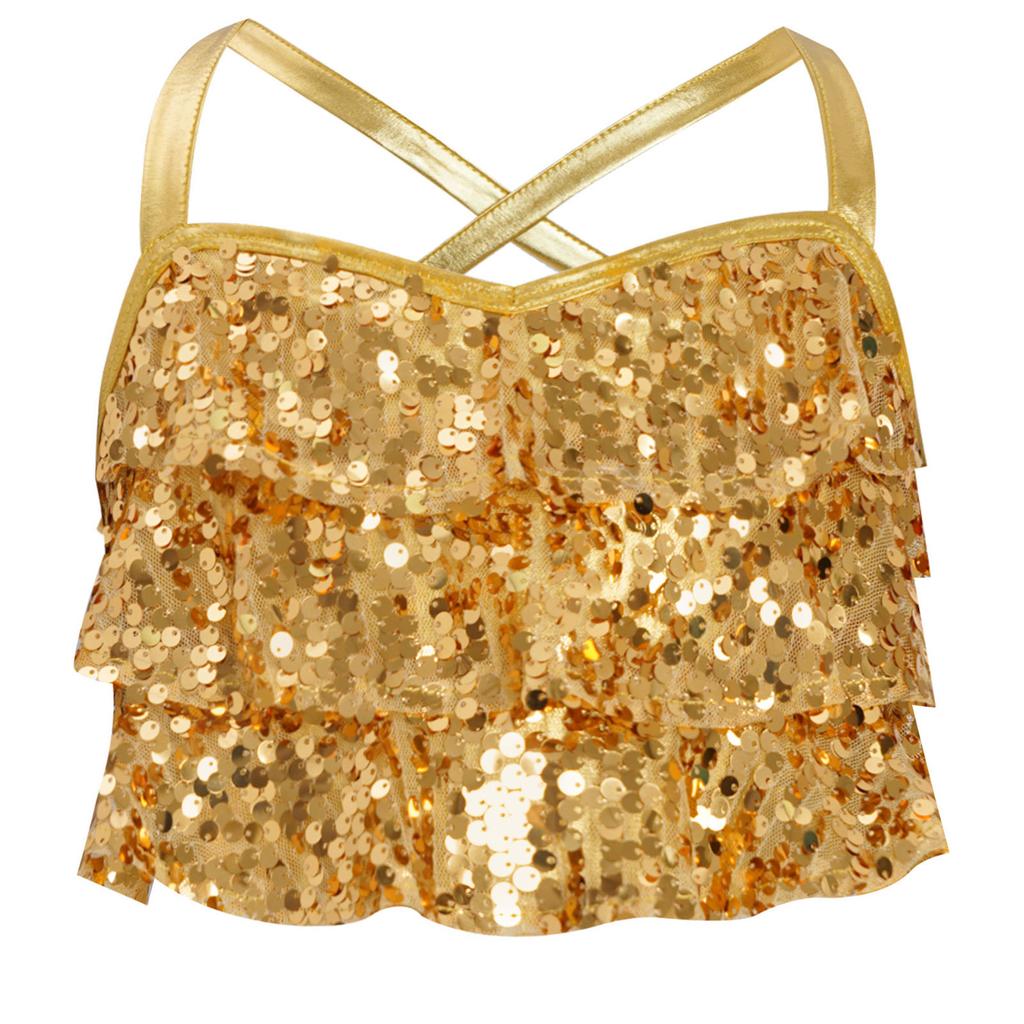 Костюм для джазового танца для девочек, блестящие пайетки, многоярусные оборки, кроп-топ, перекрещенная спина, металлизированная майка, топ для выступлений