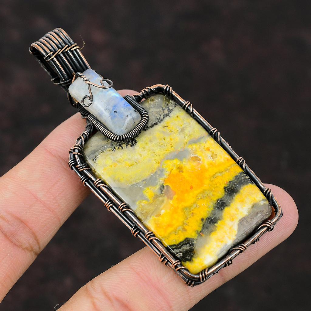 Bumble Bee Jasper Copper Wire Wrapped Pendant Rainbow Moonstone Pendant Copper Jewelry Gemstone Handmade Pendant Wire Wrapped Stone Jewelry
