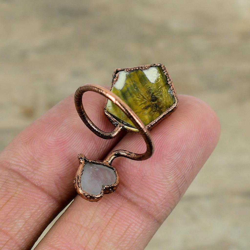 Перламутровое кольцо Кольцо с радужным лунным камнем Медные регулируемые кольца из гальванопластики Драгоценный камень Ювелирные изделия из гальванопластики Кольцо ручной работы Подарки для нее