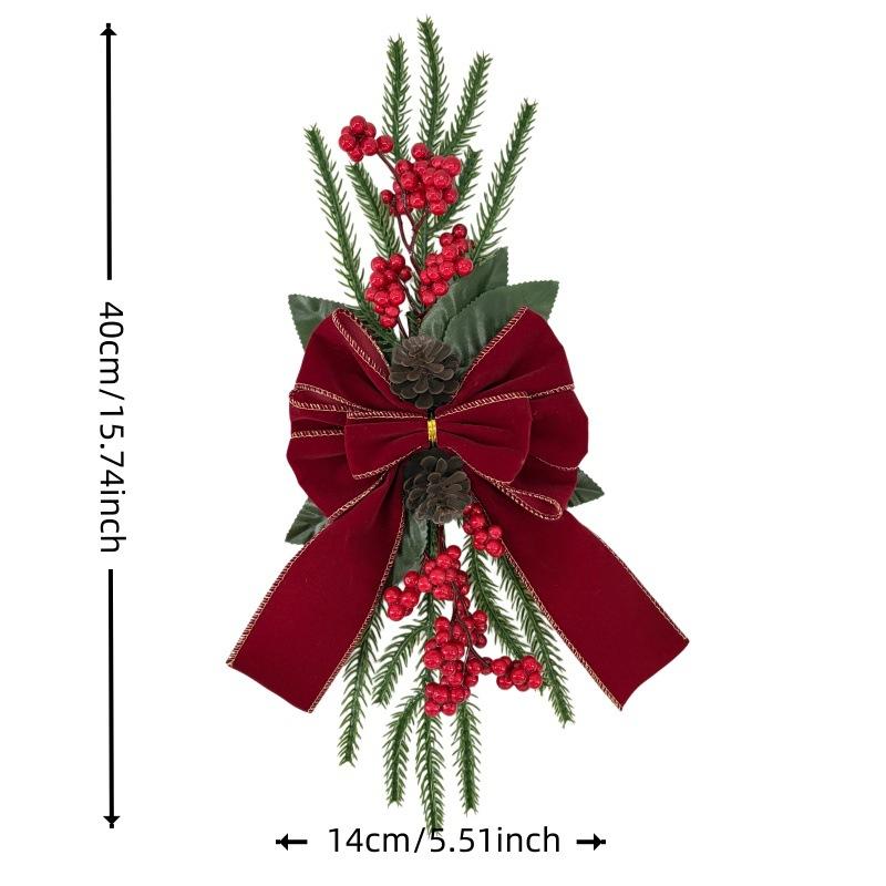 Christmas Double Door Hanger Red Velvet Ribbon Bow Pine Berries Pinecone Artificial Swag Window Wall Xmas Decor