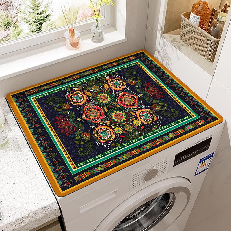 Vintage Checkered Printed Washing Machine Dust Cover Pad, Quick-Dry Absorbent Protective Top Mat For Washer And Dryer