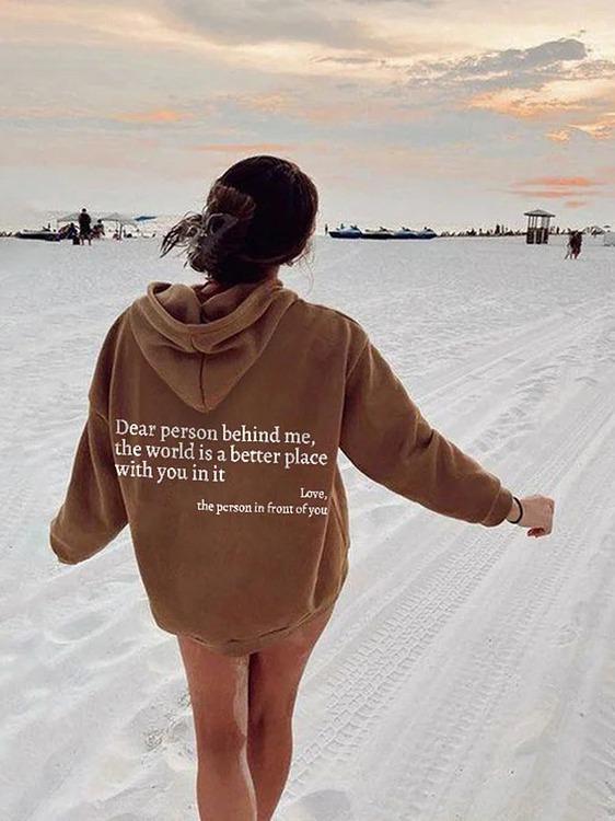 2023 Women's Fleece-Lined Hoodie with Letter Print & Kangaroo Pocket