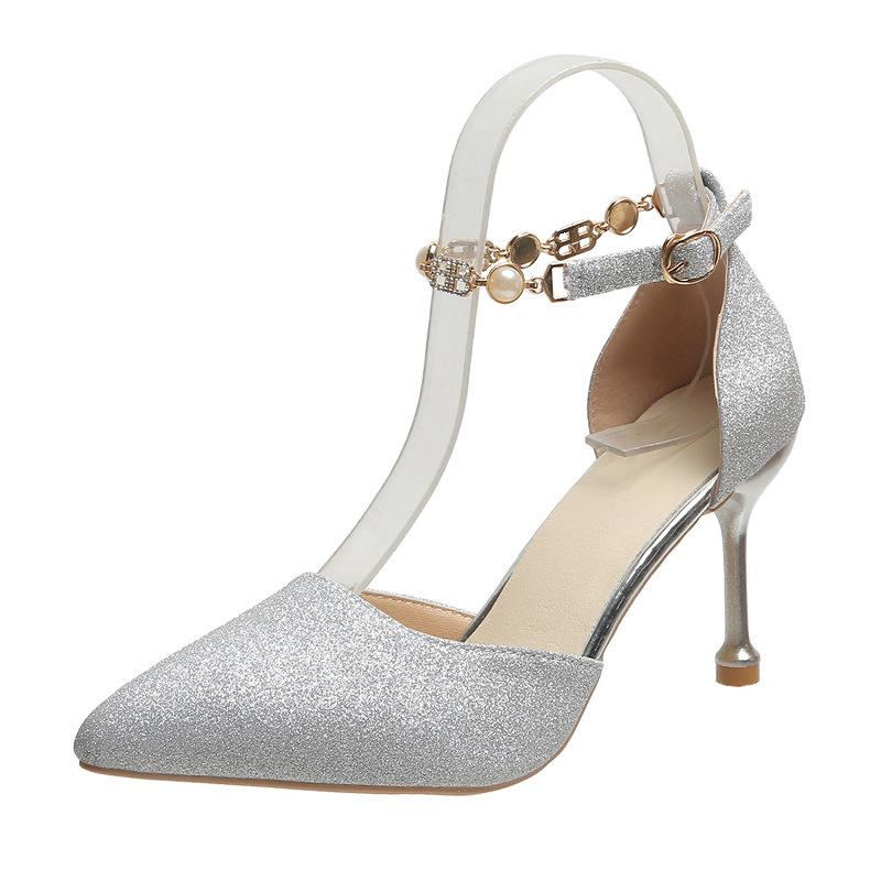 High heels women's summer 2024 new pointed head light mouth stiletto word with rhinestone silver bridal wedding shoes sandals