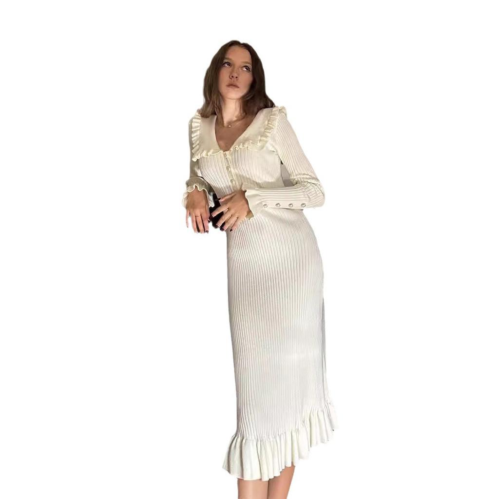 Women Fashion Knitted Retro Elegant Ruffled Dress Slim Ruffle Edge Long Dress Gown Slim Knitwear Women Robes