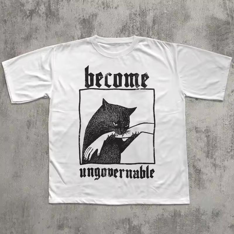 Silly Cats T Shirt Y2k Vintage Tops Become Ungovernable Funny Graphic Cat Biting Hand T-shirt Vintage Graphic Tee Unisex