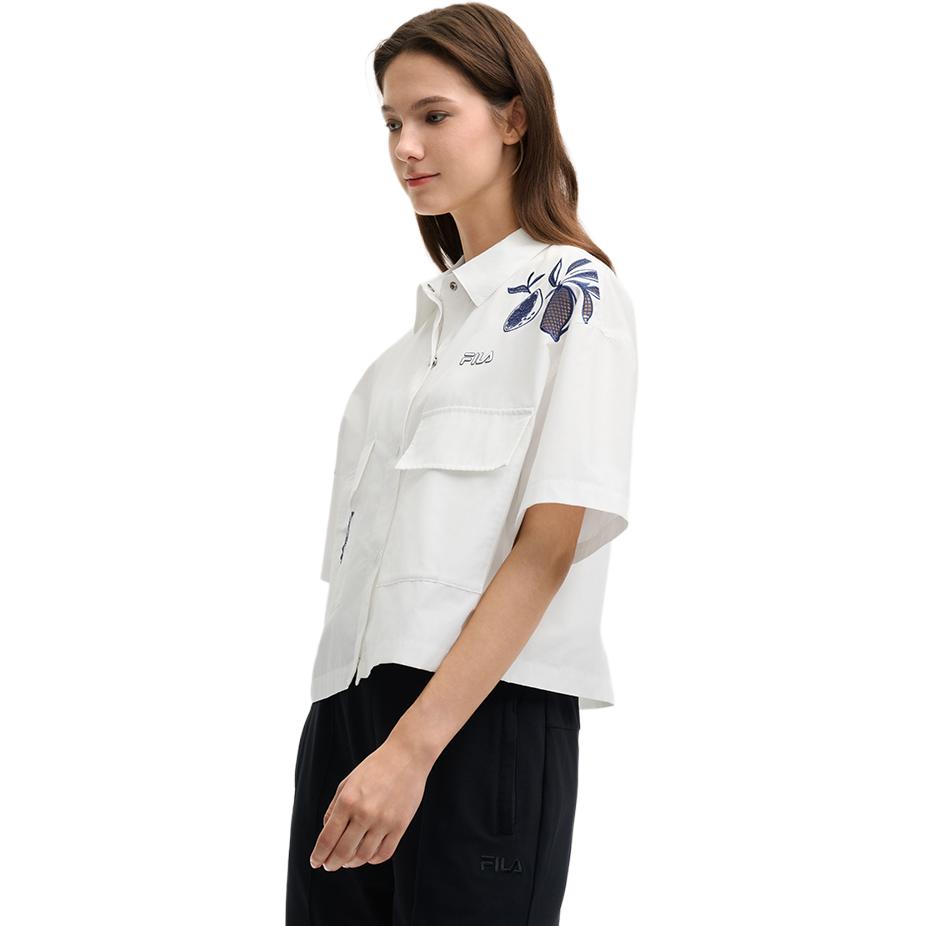 Fila SS25 Наследие Письмо Тканый Свободный Крой Со Спущенным Плечом Рубашка с Коротким Рукавом Женские рубашки Облачно-Грибной-Белый F11W528708F-WT