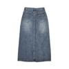 Women Retro Midi Skirt High Waist Button-Zipper Closure Denim Skirt Multi Pockets Front Slit Design Washed Denim Skirt