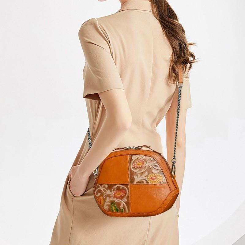 Johnature Vintage Embossed Genuine Leather Shell Bag Women Versatile Natural Real Cowhide Shoulder & Crossbody Bags