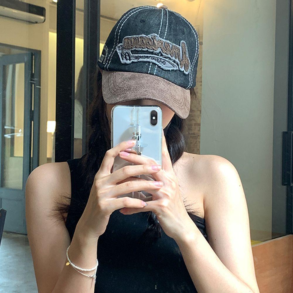American retro lettered distressed baseball cap for couples, versatile sun hat, large head circumference, makes the face look smaller, denim baseball