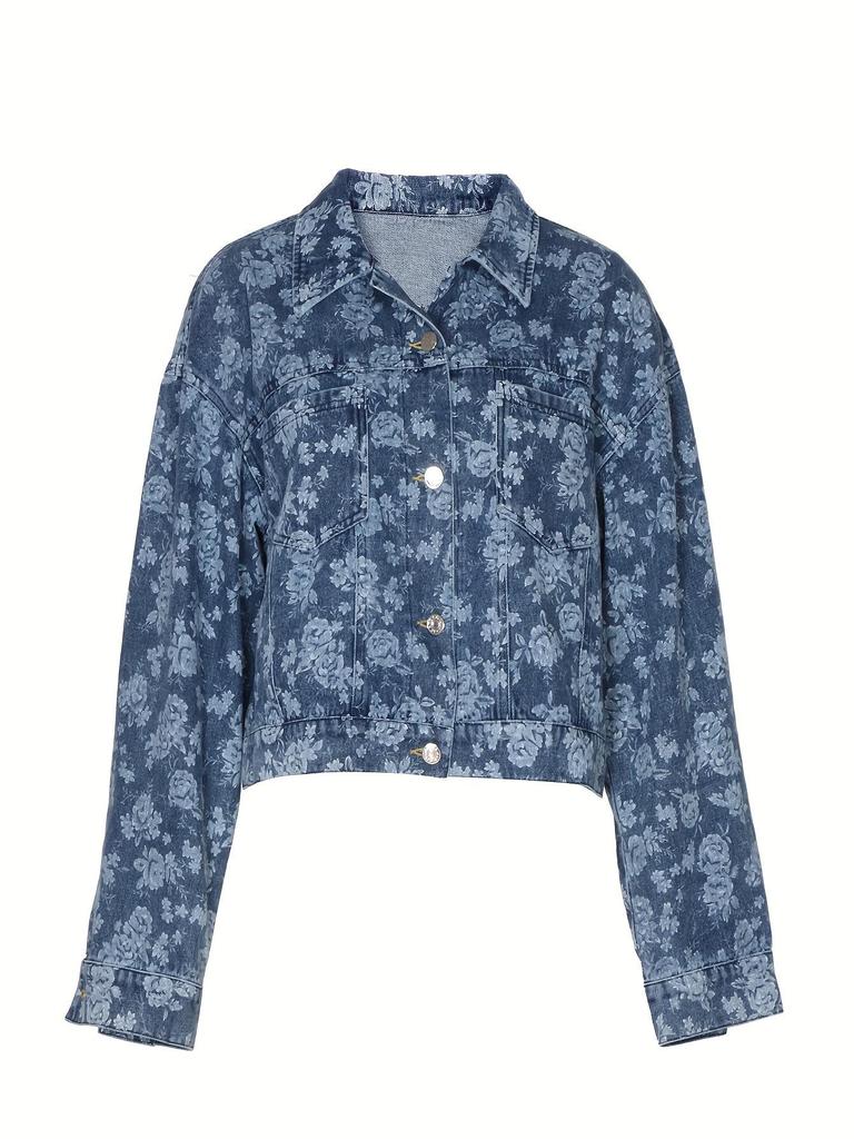 Женская джинсовая куртка с цветочным принтом - Европейский и Американский Весенний/Осенний Повседневный Однобортный