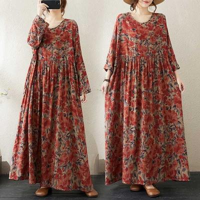 Круглый вырез с длинным рукавом, свободная юбка в стиле литературного отпуска большого размера