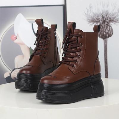 Мода 12 см Коровья Натуральная Кожа Весна Женщины Осень Британский Мотоциклетный Модный Ботильоны Платформа Танкетка Балетки Обувь Слипоны