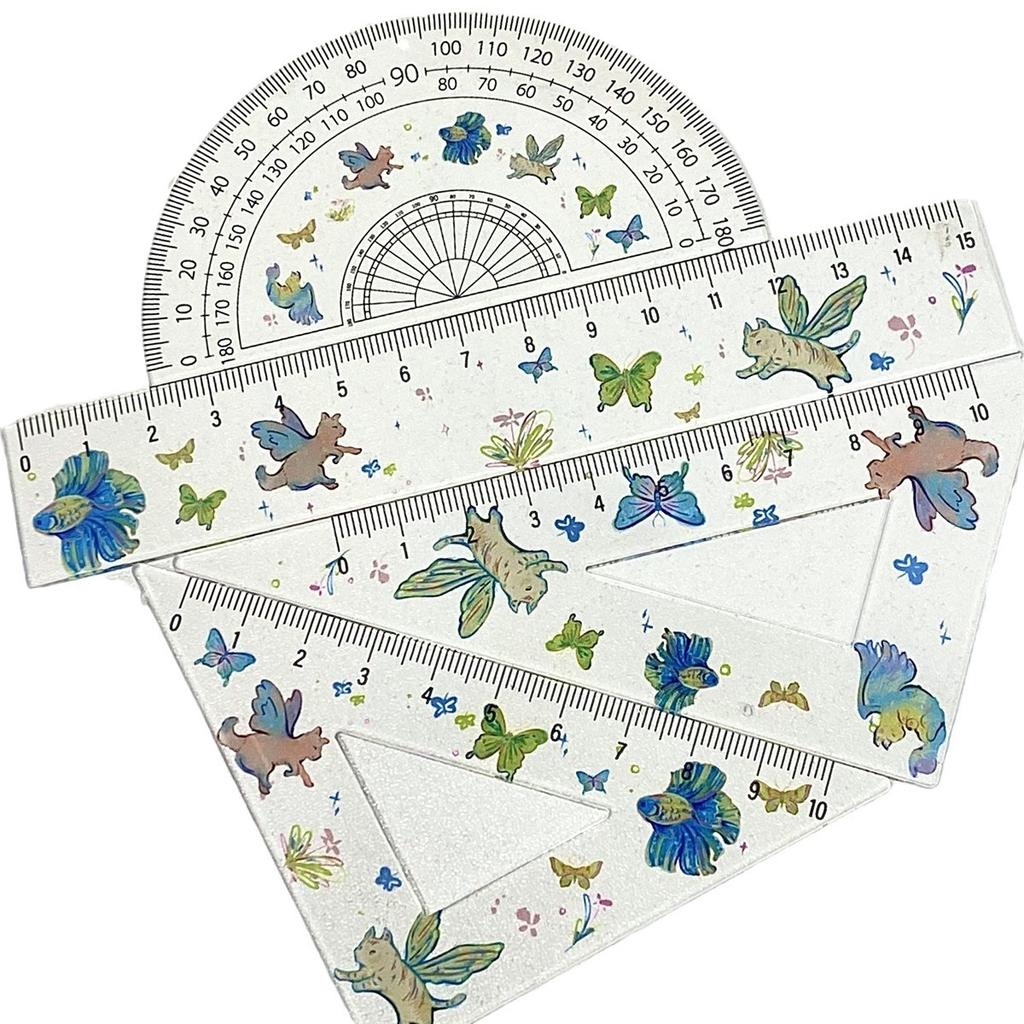 Cute Color Magical Cat with Wings Transparent Ruler 4-piece Set Student Triangle Ruler Protractor Plastic Ruler Stationery