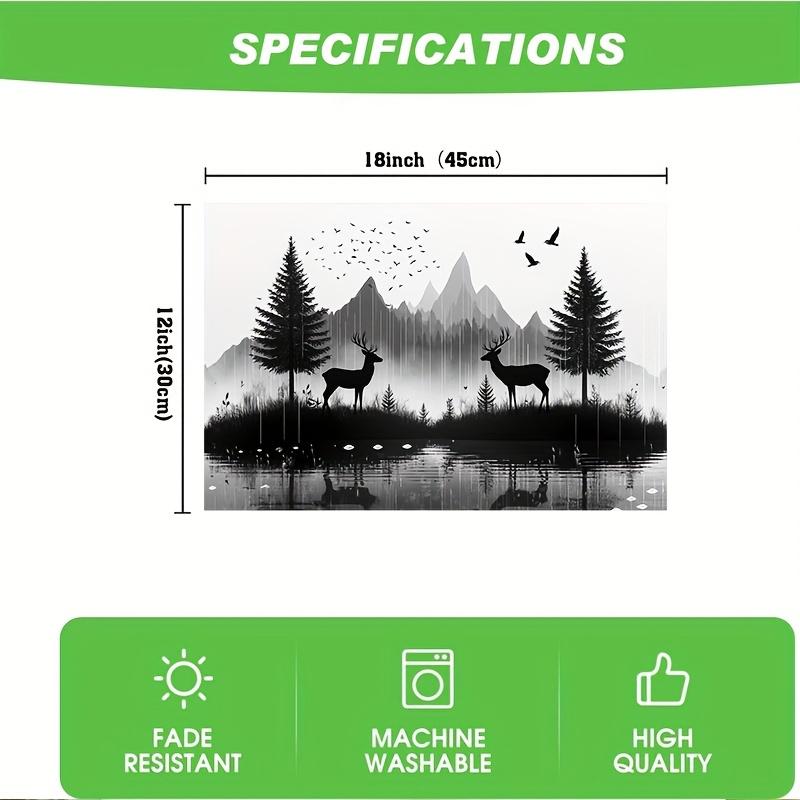 4pcs Black & White Forest Mountain Raindrop Placemats - Deer & Birds Silhouette Design, Durable Polyester 12x18 Inch Rectangular Table Mats for Indoor