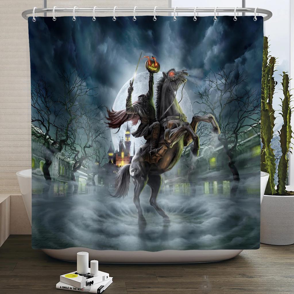 Хэллоуин Занавеска для душа Ужас Лунная ночь Тыква Череп Скелет Страшный Замок Ведьма Призрак Кладбище Водонепроницаемые Занавески для ванной