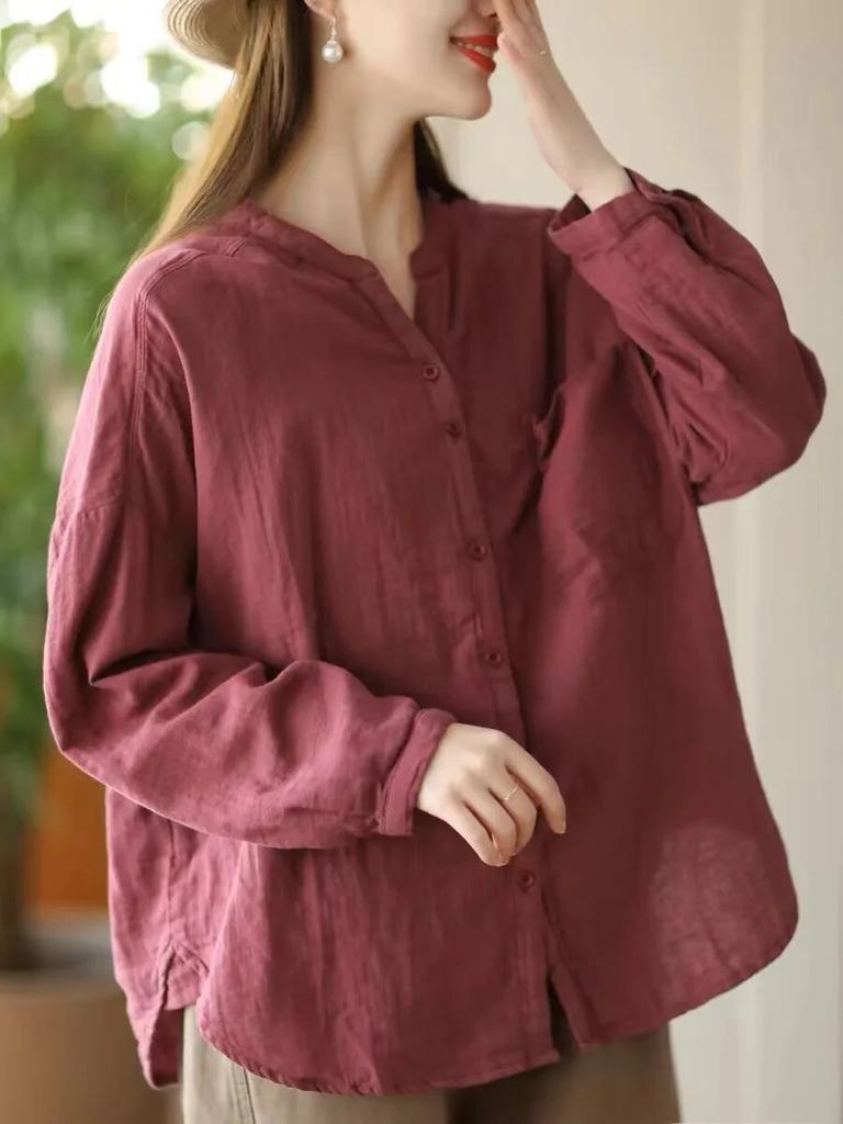 Johnature Женские винтажные двойные хлопковые рубашки с v-образным вырезом и длинными рукавами, однотонные мягкие блузки, весенние свободные рубашки