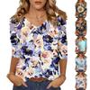 Женские топы, рубашка с рукавом три четверти, свободная повседневная рубашка с V-образным вырезом, футболка с цветочным принтом
