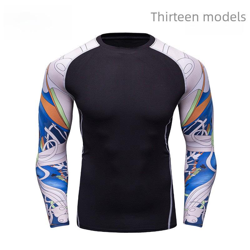 Мужская компрессионная футболка для бега с длинным рукавом и принтом, влагоотводящая, A038