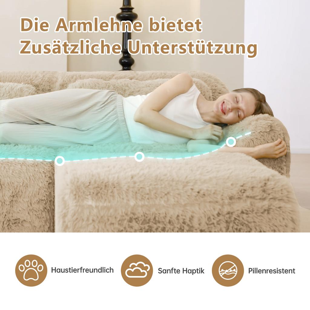 2-Seater sofa, plush fabric, frameless modular design, with cushions, high-resilience foam, non-slip base, living room, bedroom, light khaki