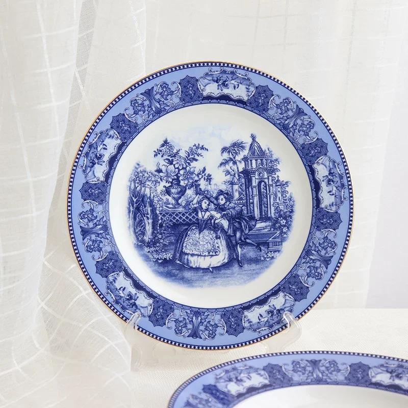 Синие тарелки для еды Аббатства Даунтон, Французский ретро чайный сервиз, Миски, Обеденные тарелки, Фруктовница, Блюдо для рыбы, Посуда, Столовая посуда