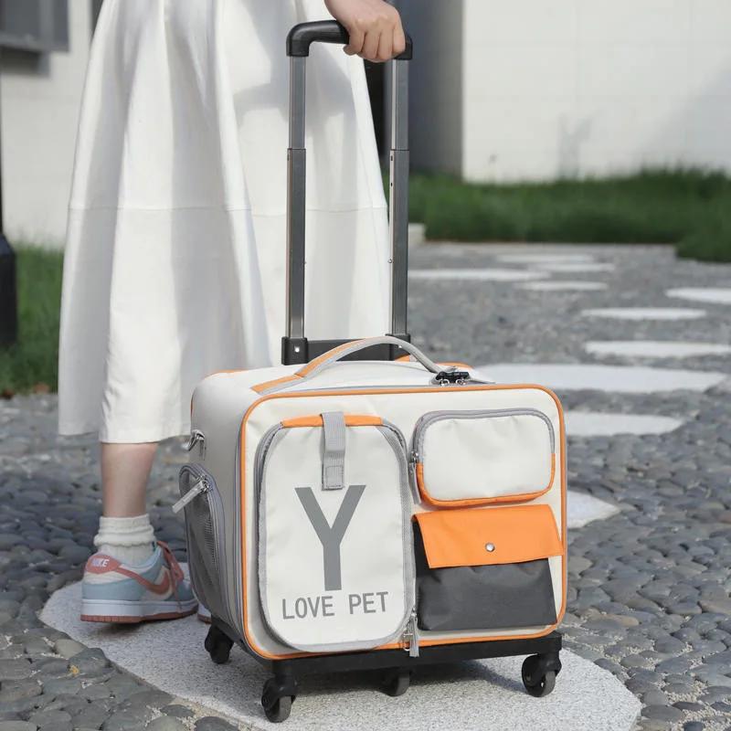 Портативный и дышащий чехол на колесиках для домашних животных, большая вместимость, чехол для домашних животных, чемодан для прогулок, переноска для кошек, коляска для собак