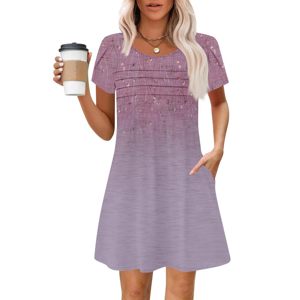 Women's Summer Casual Petal Slim Stripe Pleated Solid Color Dresses