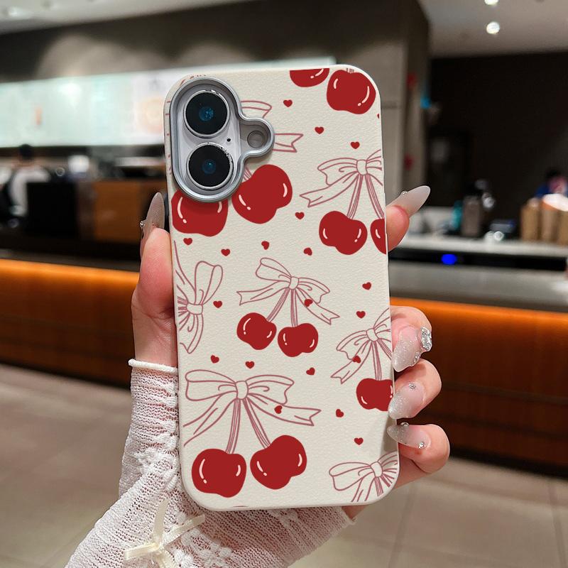 Матовый тонкий чехол для телефона с принтом вишневого банта для iPhone 16 Pro Max 15 Plus 14 Pro 13 12 11 TPU кожаная текстура мягкий противоударный бампер