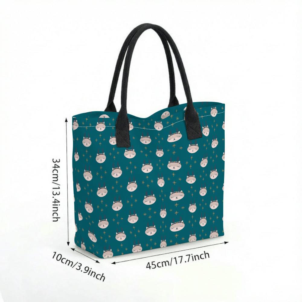Cute Cat Print Canvas Tote Bag Casual Daily Large Capacity Shoulder Bag for Women Shopping Travel Use