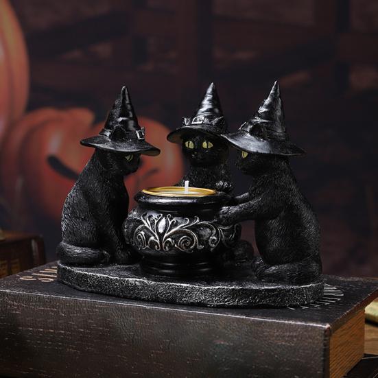 Подсвечник в виде черного кота, смоляной подсвечник в виде кошек на Хэллоуин с ведьмиными шляпами, винтажный подсвечник, настольное украшение, подарок для любителей кошек