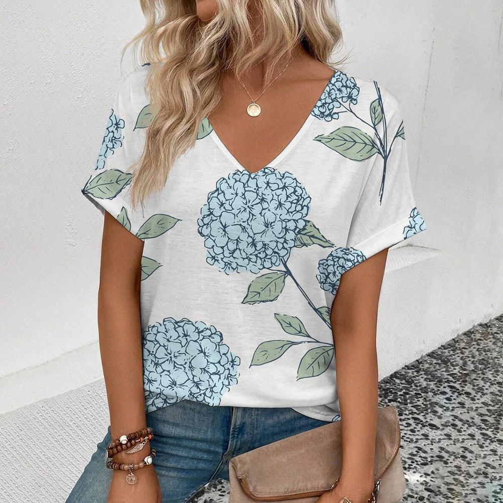 Женская футболка с коротким рукавом и V-образным вырезом Футболка с цветочным принтом в стиле ретро Модная футболка с коротким рукавом Летняя женская футболка для отдыха