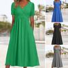 Женское летнее платье с плиссированным ремешком и V-образным вырезом с короткими рукавами, однотонное платье с карманами трапециевидной формы со свободным подолом, дышащее мягкое платье миди для свиданий
