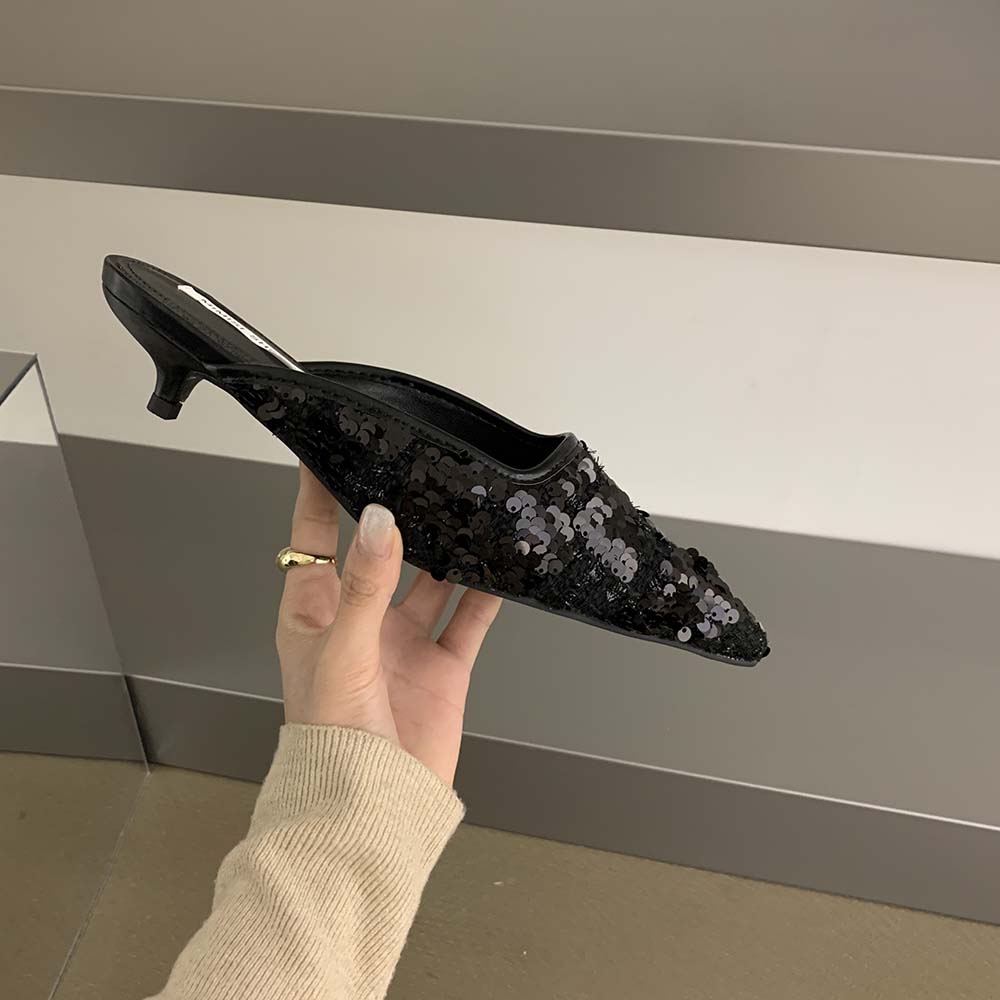 Fashion Fashion Women Slides Slippers Pointed Toe Sequined Cloth Party Dress Shoes Thin Low Heeled Black White Pink Fashion Dress Shoes