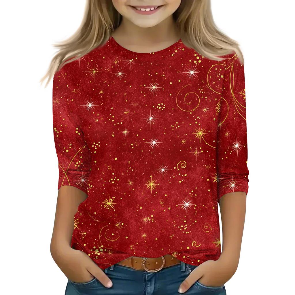 Children's 3/4 Sleeve Tops Casual Christmas Print T Shirt Round Neck Pullover Blouse