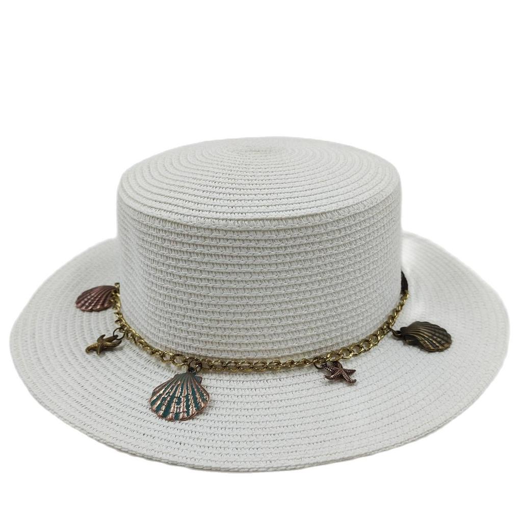 Flat Top Straw Hat Belt Accessories Leisure Summer Sunscreen Hat Women's Fashionable Beach Boater Hat Gifts 2023