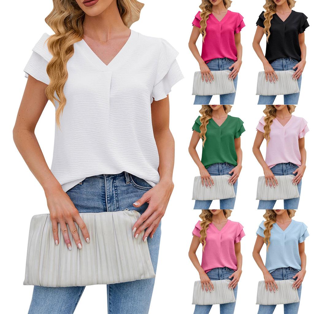Fashionable And Elegant Casual V-neck Chiffon Ruffled Short-sleeved Top