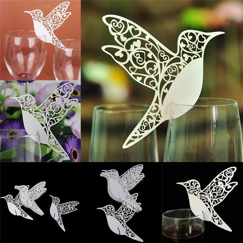 Птица Свадебные карточки с именами для бокалов вина лазерная резка на перламутровой карточке
