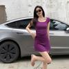 Фиолетовый белый новый горячий девушка круглый вырез талия короткий рукав платье женская летняя обтягивающая темперамент короткая юбка