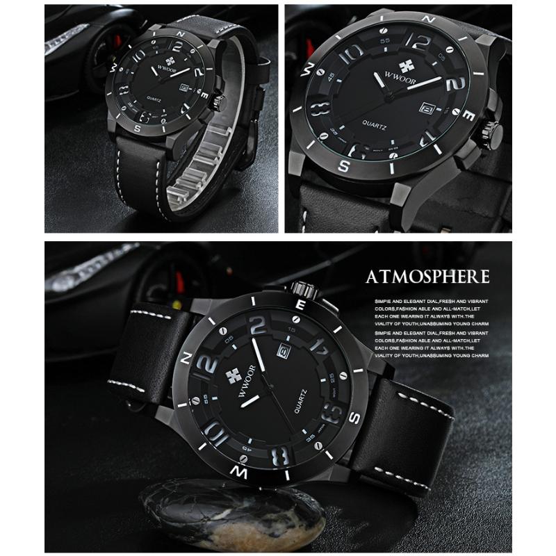 WWOOR Спортивные мужские часы с кожаным ремешком Матовый черный корпус с календарем Водонепроницаемые кварцевые часы