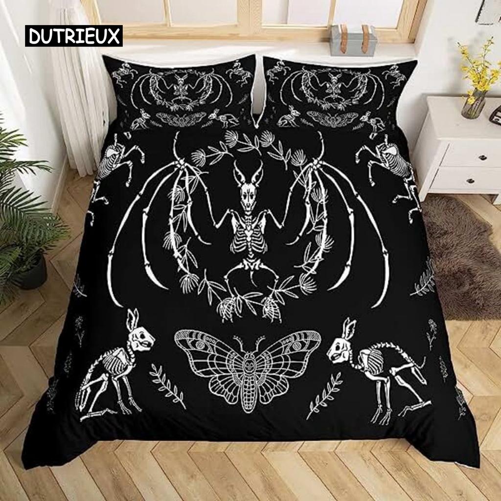Boho Moth Duvet Cover Gothic Skull Bedding Set for Girls Women Bedroom Decor Moon Star Personalized Moth Skull Skeleton Bones