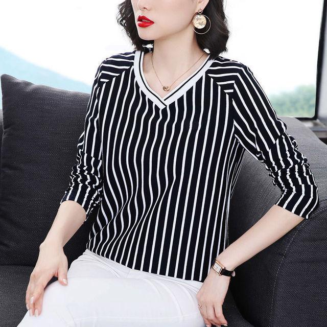 Autumn Winter New Slim Long Sleeve Top V-Neck Striped T-shirt Women's Loose Versatile Bottoming Shirt M-5XL
