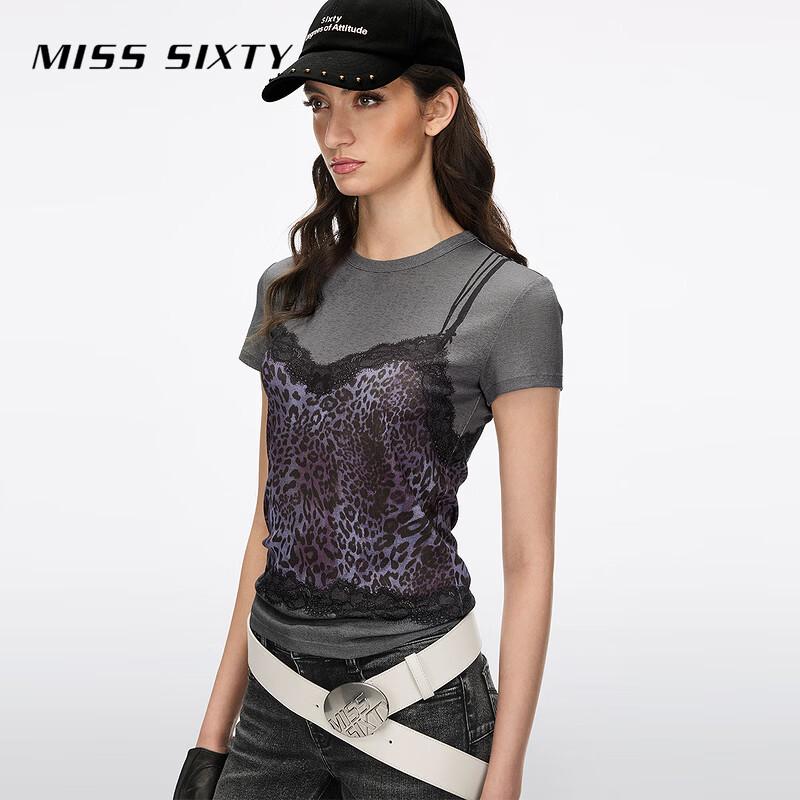 Miss Sixty Кружевная футболка с леопардовым принтом и иллюзией многослойности, весна 2026
