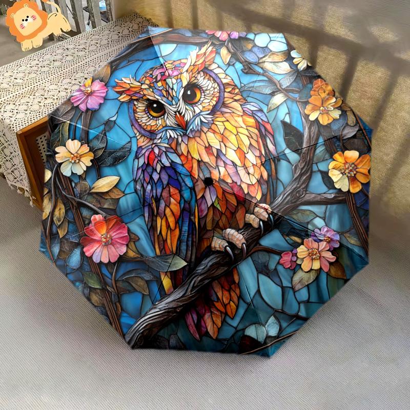 1 шт. Автоматический складной зонт - Узор «Совы и цветы», Портативная и складная конструкция с 8 спицами, Рождественские и новогодние подарки