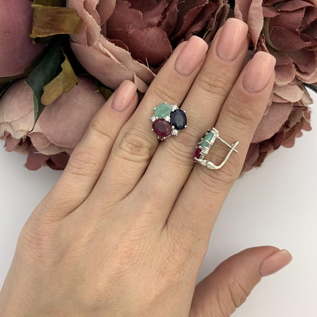 Silver Earrings with 8.696ct Natural Sapphire, Emerald, Ruby (2096610)