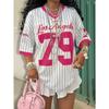 2026 Summer New Los Angeles 79 Print Stripe T-shirt For Women V-Neck Short Sleeve Sports Football Jersey Y2K Loose Oversized Top