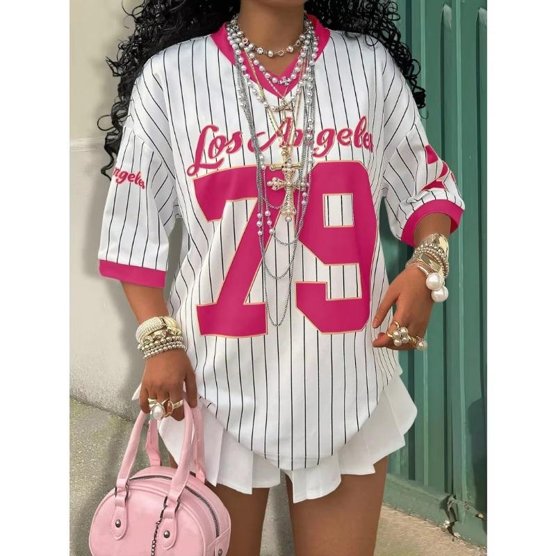 2026 Summer New Los Angeles 79 Print Stripe T-shirt For Women V-Neck Short Sleeve Sports Football Jersey Y2K Loose Oversized Top