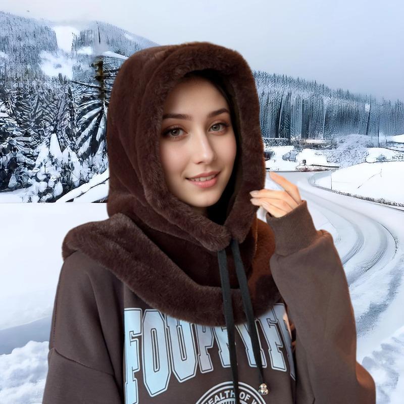 Fashion Autumn and Winter Thickened for Keep Warmth One-Piece Scarf Hat Women Ear Protection Plush Fluffy Shawl No Eaves Hat