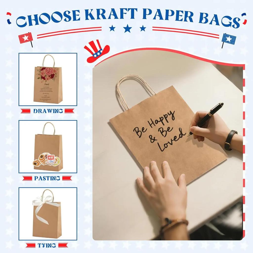 Kraft Bag Paper Gift Bags Reusable Grocery Shopping Bags for Packaing Craft Gifts Wedding Business Retail Party Bags
