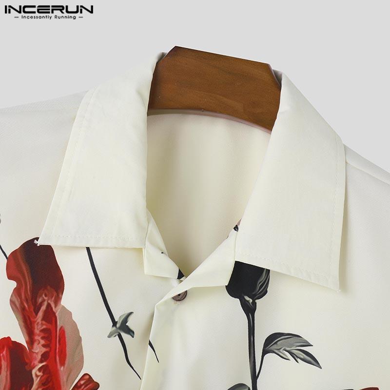 INCERUN Мужская летняя рубашка с коротким рукавом и отложным воротником с цветочным принтом